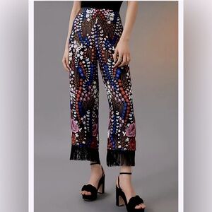Maeve Floral Printed Wide Leg Pants Fringes Women’s 10 Crop Multicolor